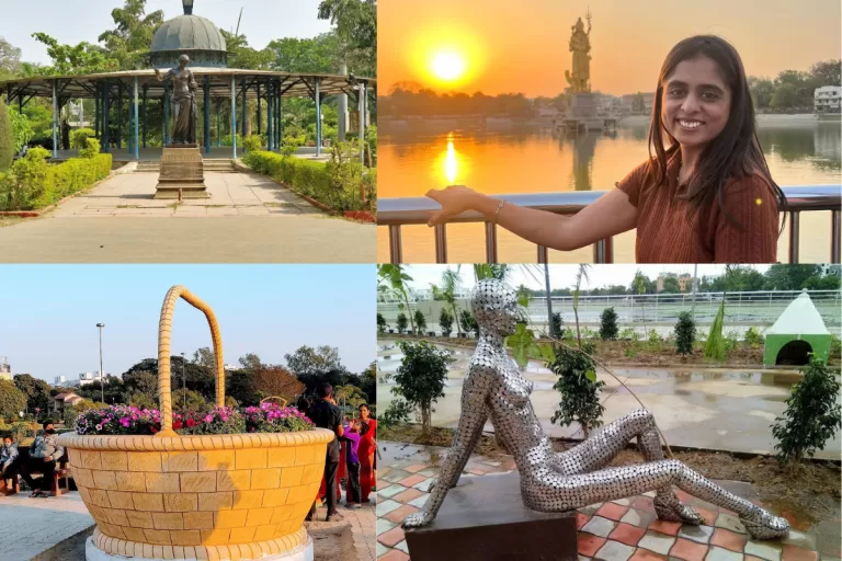 Collage of morning walk spots in Vadodara including Sayaji Baug, Sursagar Lake with Shiva statue, Gotri Garden, and Sculpture Park at Harni.