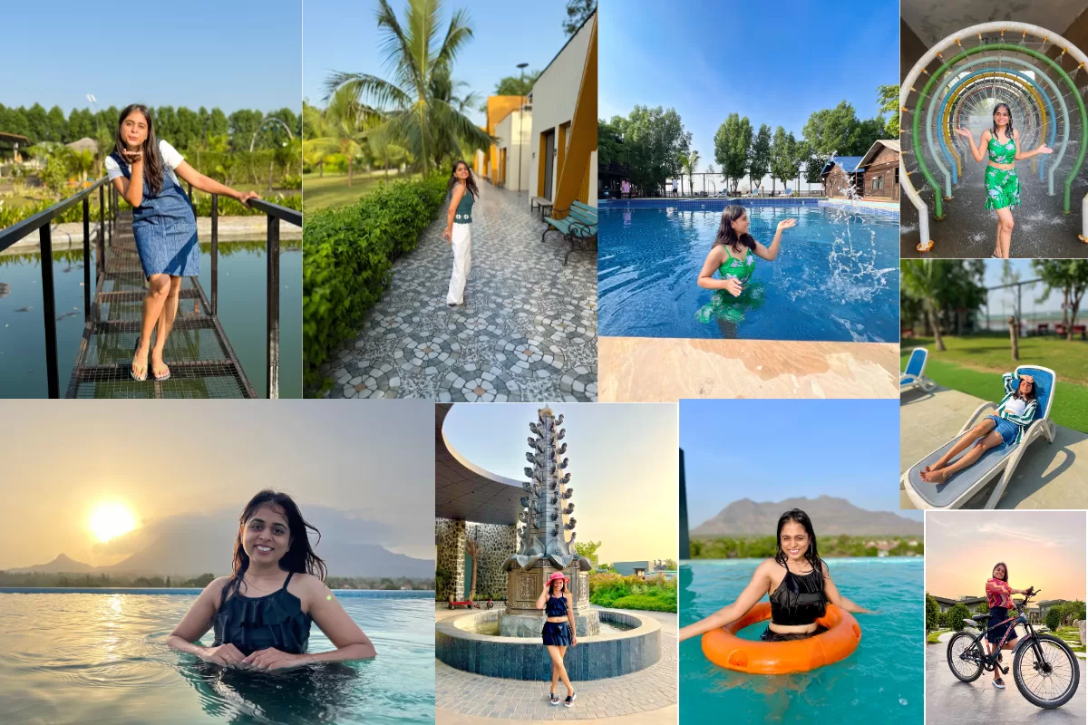 Traveller enjoying luxury resort experiences near Vadodara with swimming pool, cycling, garden views, and scenic mountain backdrop.