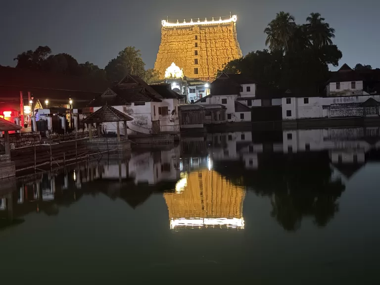 Padmanabhaswamy Temple night reflection in temple pond
