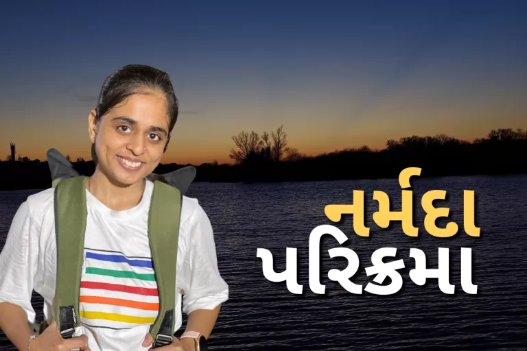 Woman doing Uttarvahini Narmada Parikrama walk near Narmada River during sunset in Gujarat