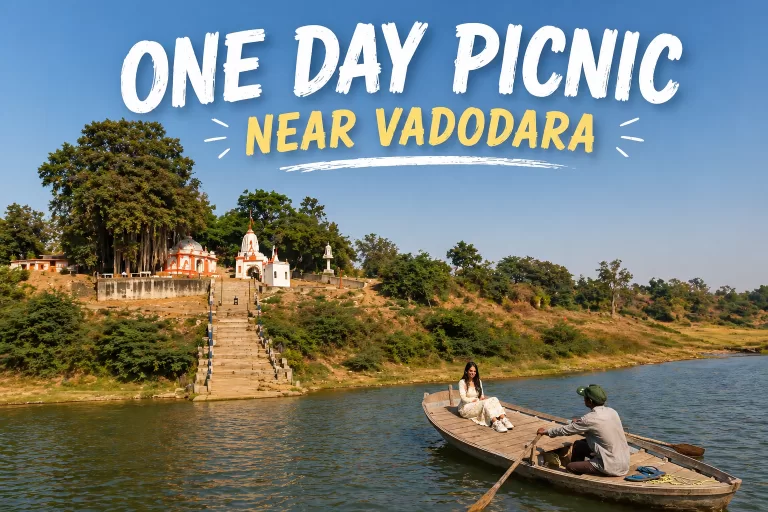 One day picnic near Vadodara featuring Narmada riverside temple view and boating experience at Moti Bhamri