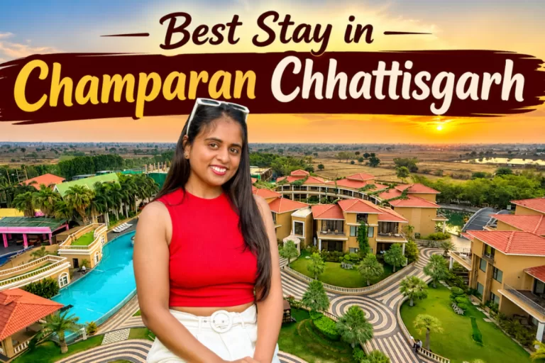 Aerial view of Vaikunth Village Resort near Champaran Mahaprabhuji Temple in Chhattisgarh with a female travel blogger showcasing one of the best family-friendly luxury stays near the temple.